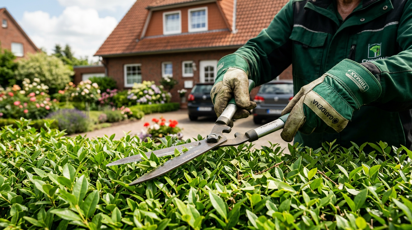 Mitarbeiter schneidet mit einer Heckenschere eine gepflegte Hecke im Vorgarten eines Wohnhauses und übernimmt die professionelle Gartenpflege.