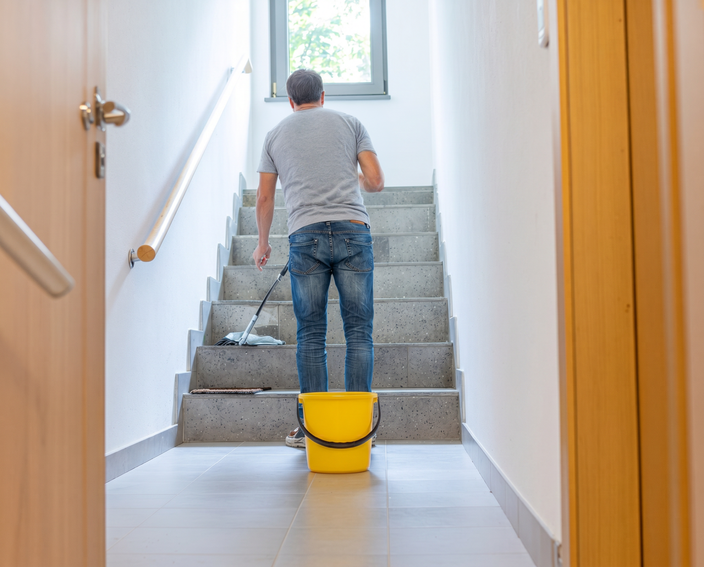 Mitarbeiter reinigt das Treppenhaus eines Mehrfamilienhauses und wischt die Treppenstufen für ein sauberes und gepflegtes Wohnumfeld
