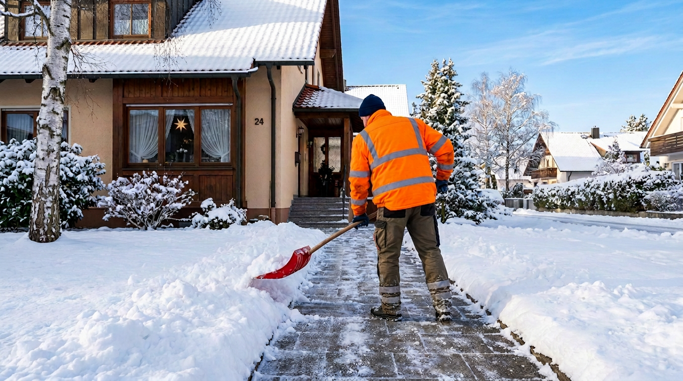 Mitarbeiter im Winterdienst schiebt Schnee auf dem Gehweg vor einem Wohnhaus und sorgt für einen sicheren, geräumten Eingangsbereich.